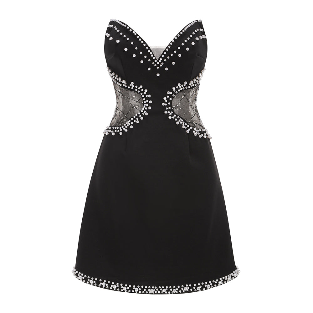 Strapless Pearl Sequin Crystal A Line Dress Black HV1772