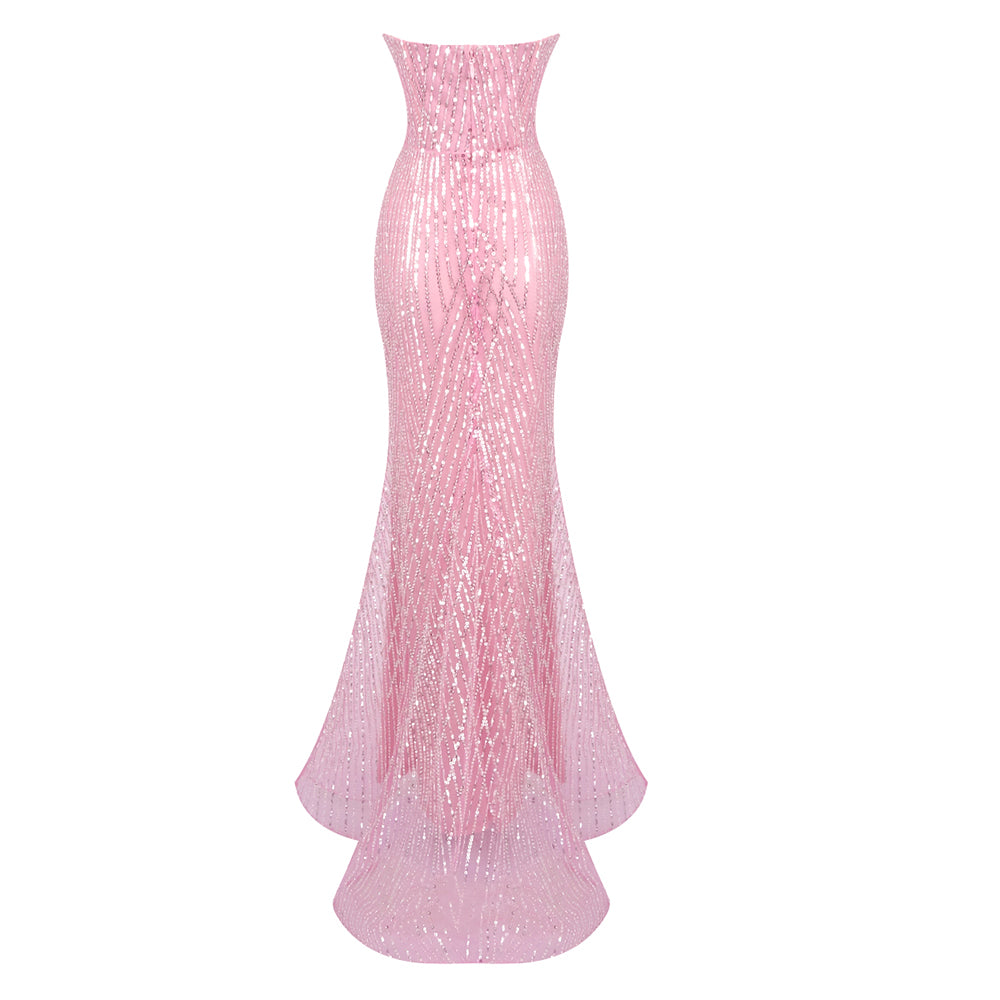Strapless Crystal Bustier Sequin Maxi Dress Pink HV2017
