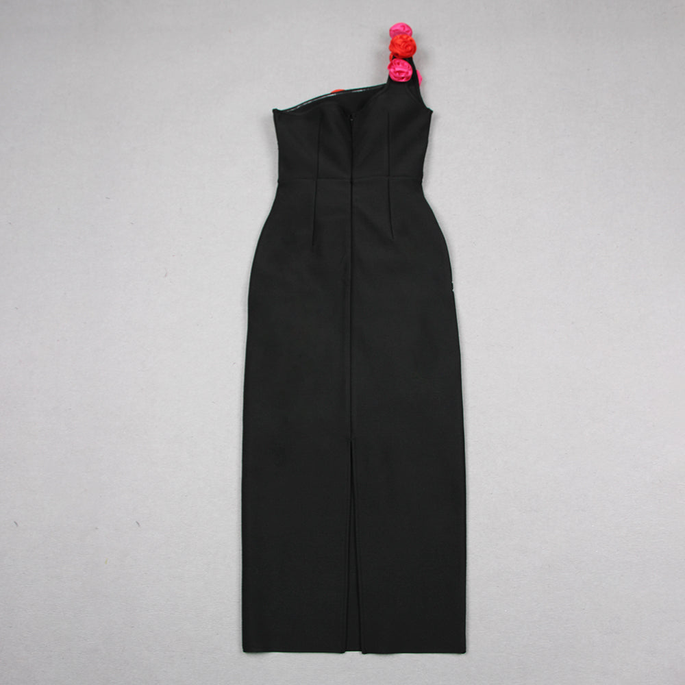One Shoulder Rose Detail Midi Dress Black HV1094