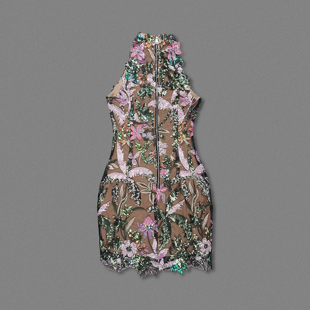 Floral Embroidered Sequin Dress Green Pink HV1600