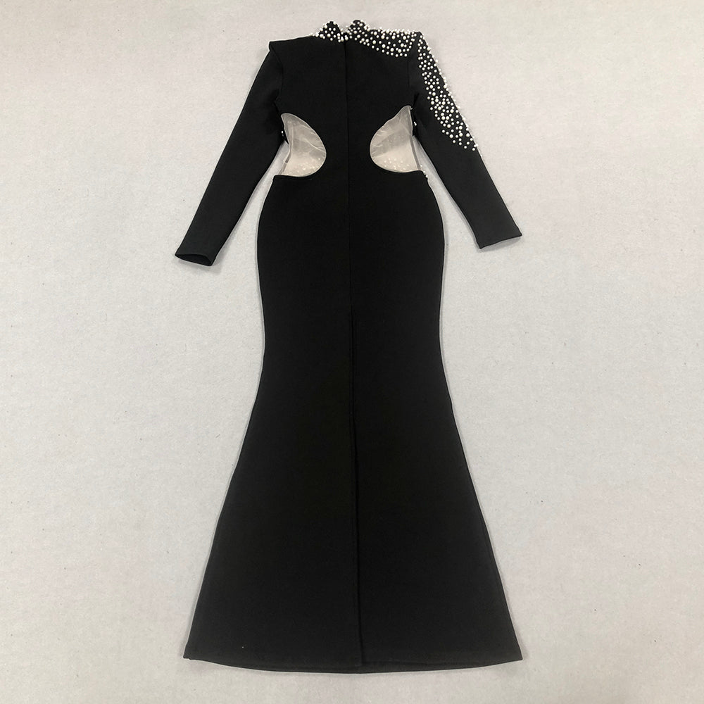 Long Sleeve Pearl Mesh Maxi Dress Black