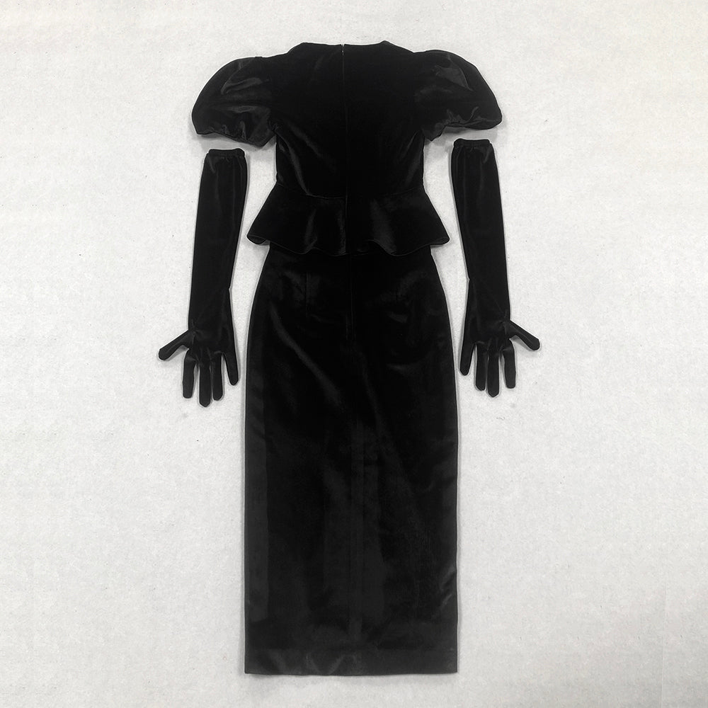 Short Sleeve Crystal Bow Midi Two Piece Velvet Dress Black HV2097