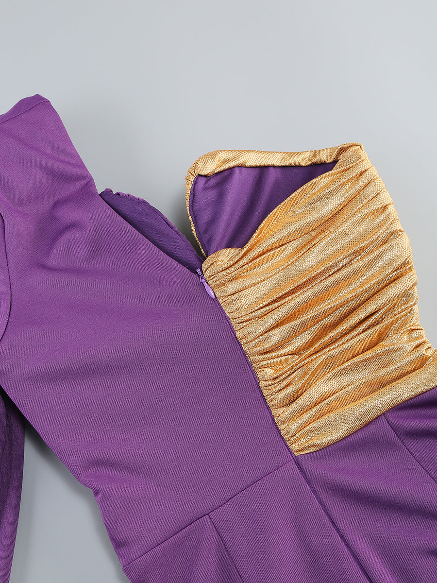 One Sleeve Ruched Dress Purple Gold