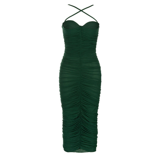Halter Bustier Draped Midi Dress Green HV9761