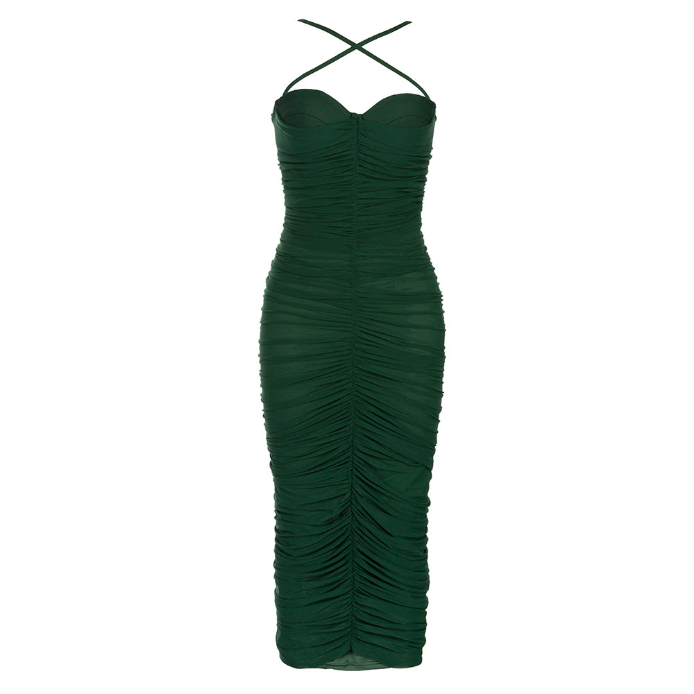 Halter Bustier Draped Midi Dress Green HV9761