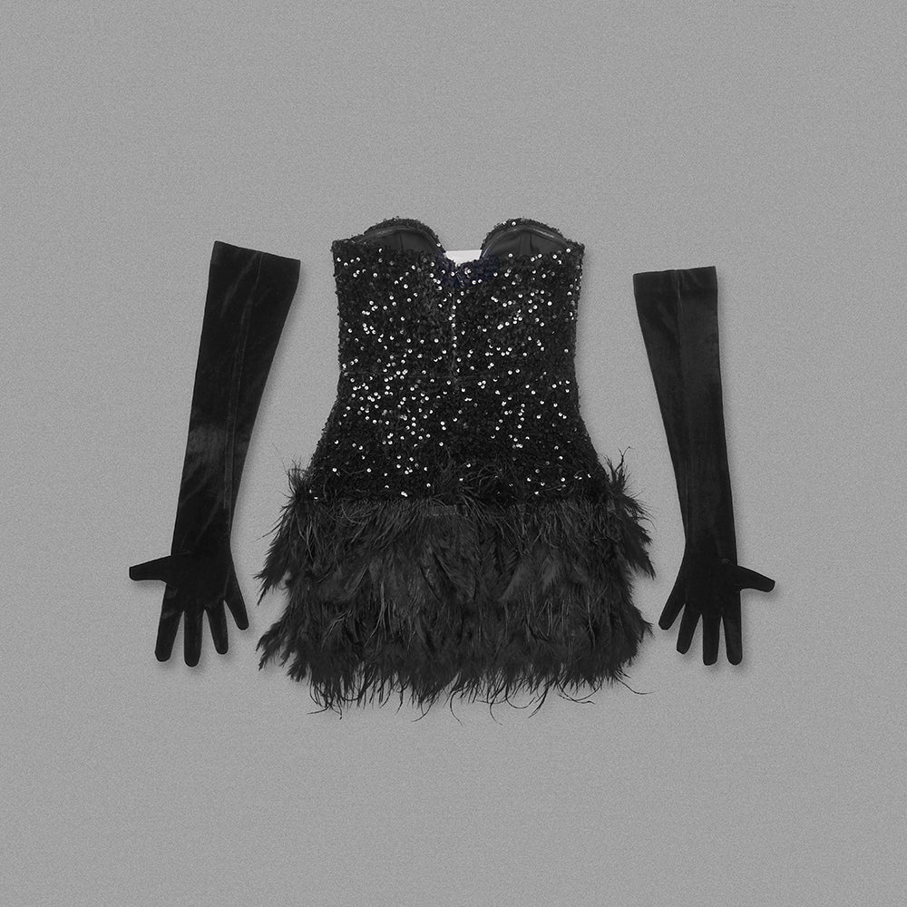 Strapless Sequin Corset Feather Dress Black HV1223