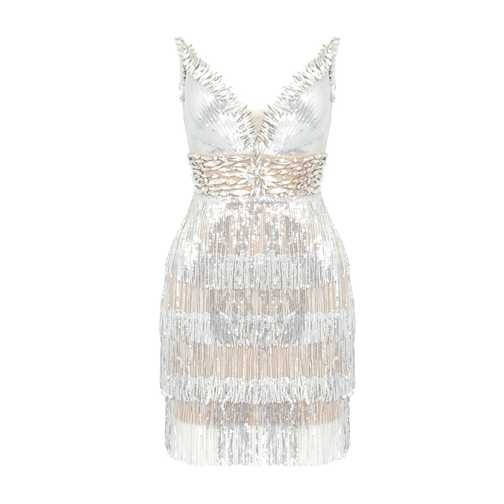 Strapless Crystal Sequin Tassel Dress Silver HV9847