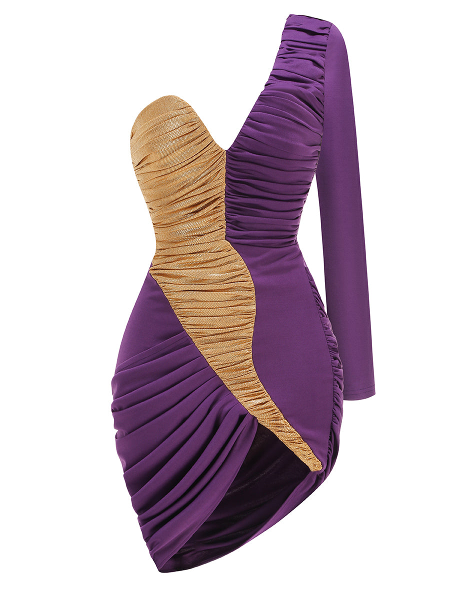 One Sleeve Ruched Dress Purple Gold