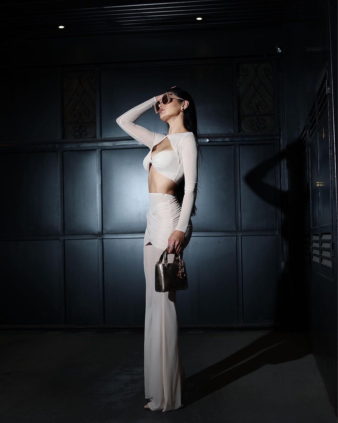 Long Sleeve Draped Two Piece Jumpsuit Nude HV1125