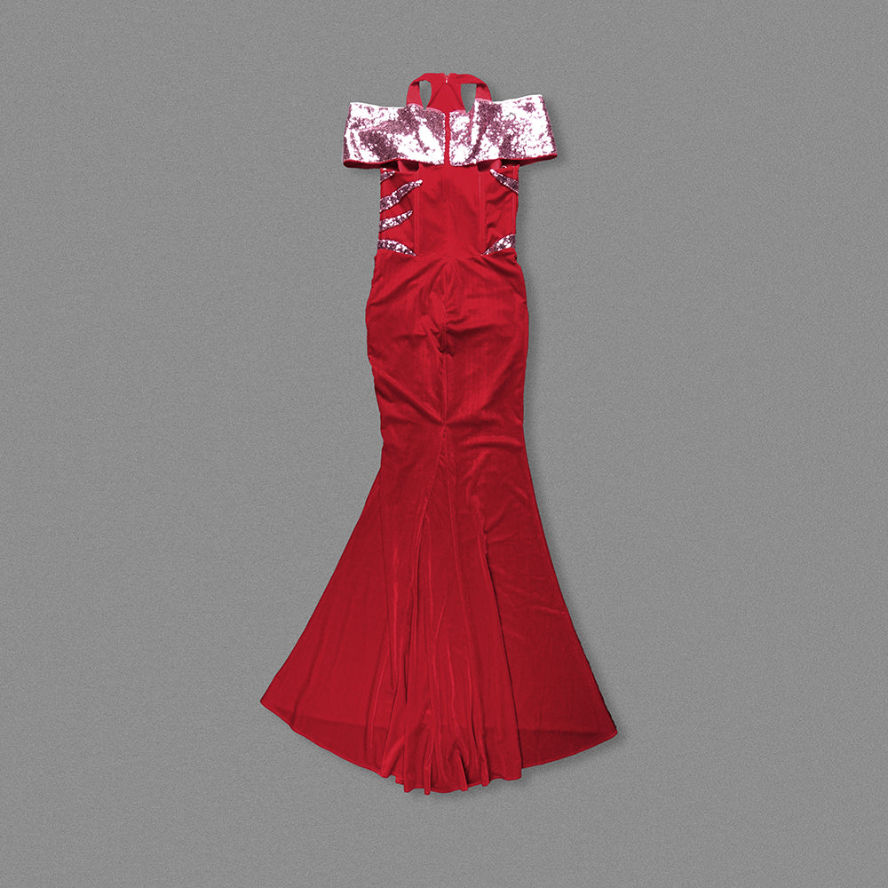 Halter Sequin Corset Maxi Velvet Dress Red HV2020