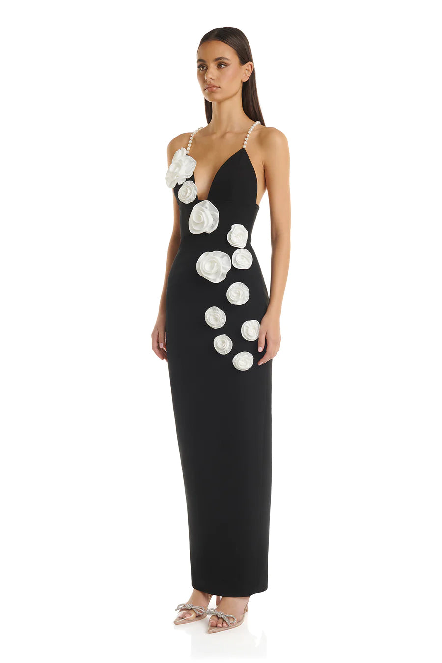 Flower Detail Pearl Straps Maxi Dress HV9874