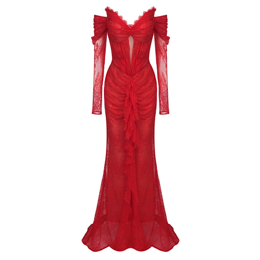 Long Sleeve Draped Lace Maxi Dress HV1297