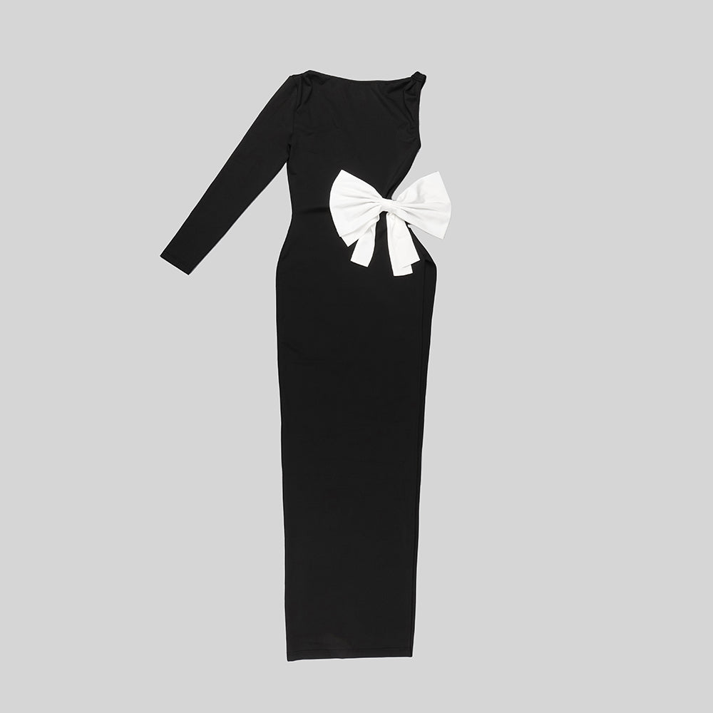 One Sleeve Bow Backless Maxi Dress Black HV9812