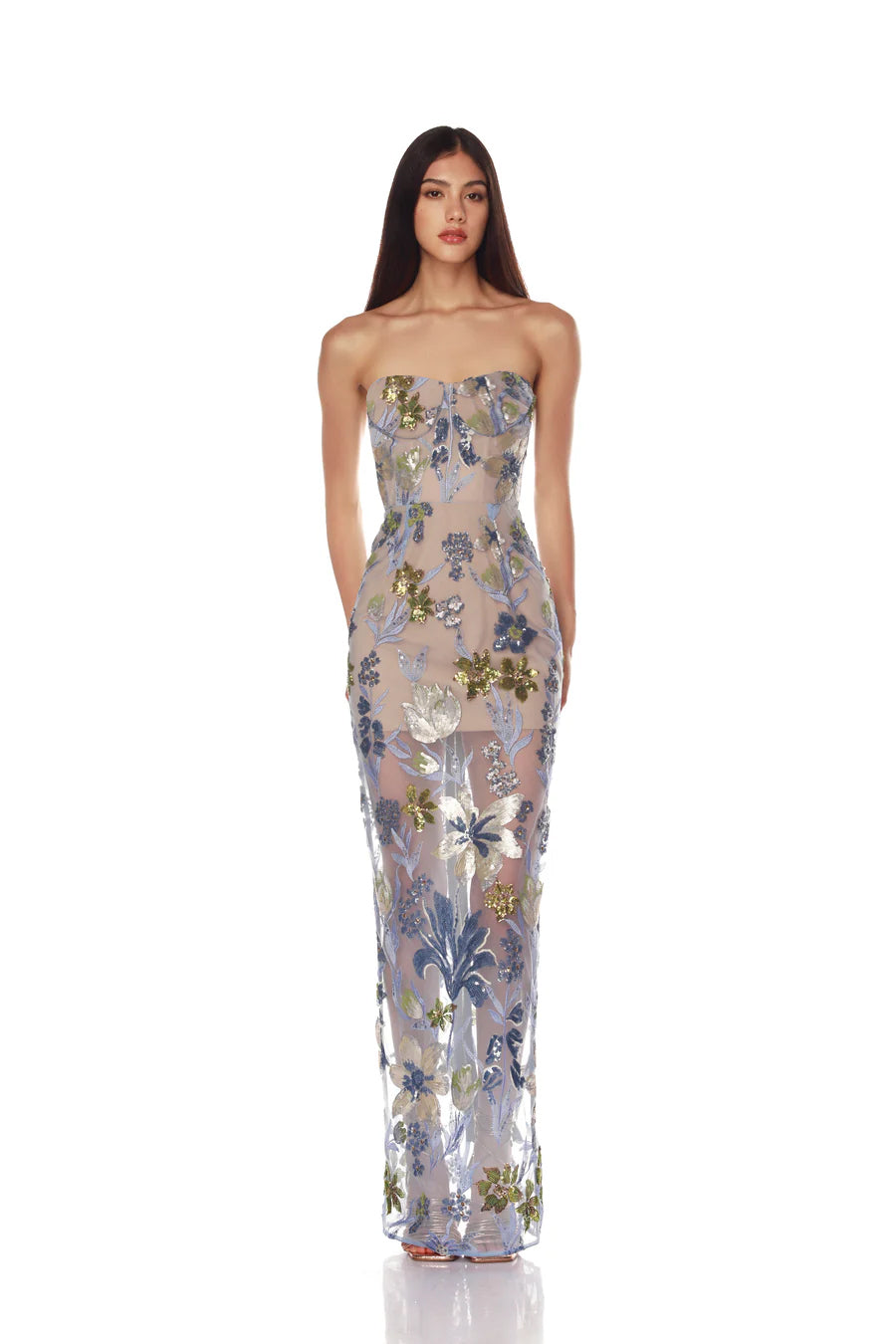 Strapless Sequin Embroidered Floral Maxi Dress Blue HV2099