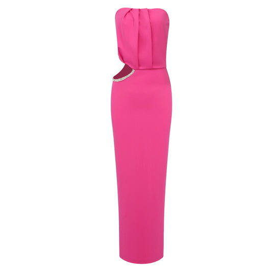 Strapless Crystal Cut Out Maxi Dress Hot Pink HV9724