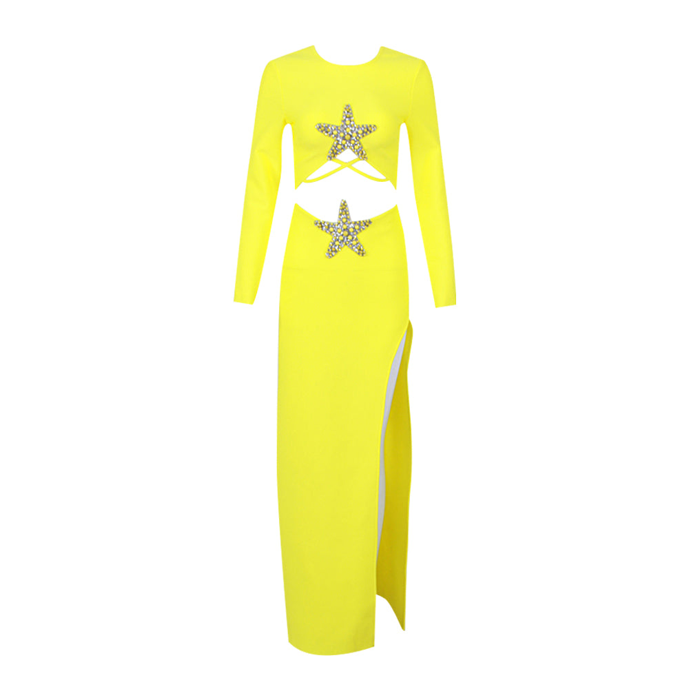 Long Sleeve Star Detail Two Piece Maxi Dress Yellow HV9902