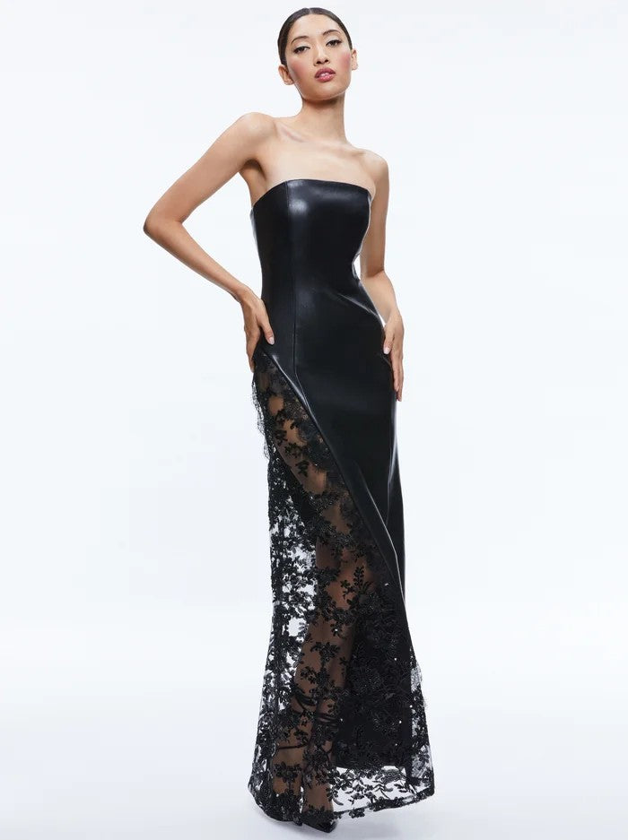Strapless Sequin Lace Maxi Faux Leather Dress Black