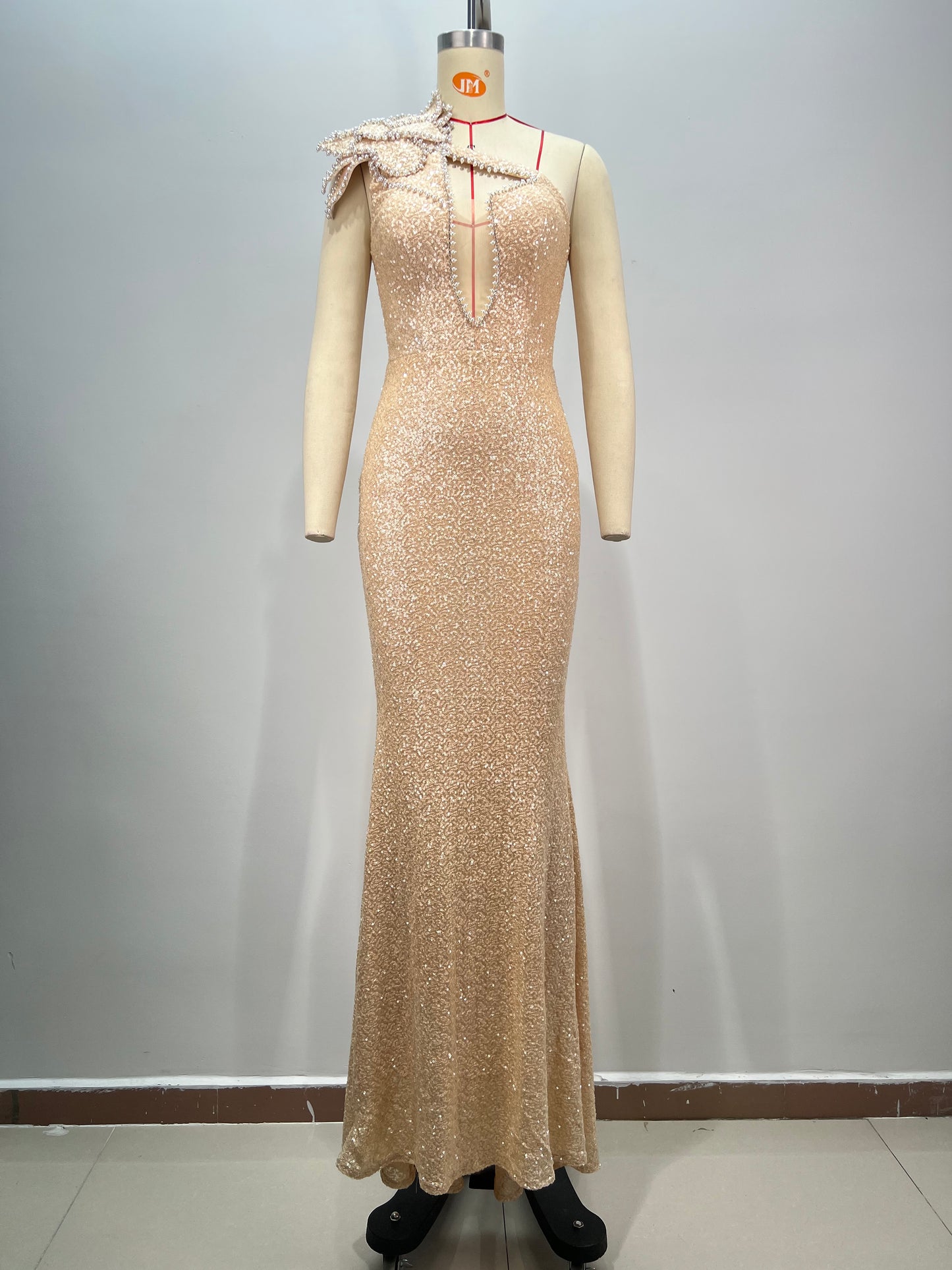 One Shoulder Pearl Sequin Maxi Dress Nude HV1782