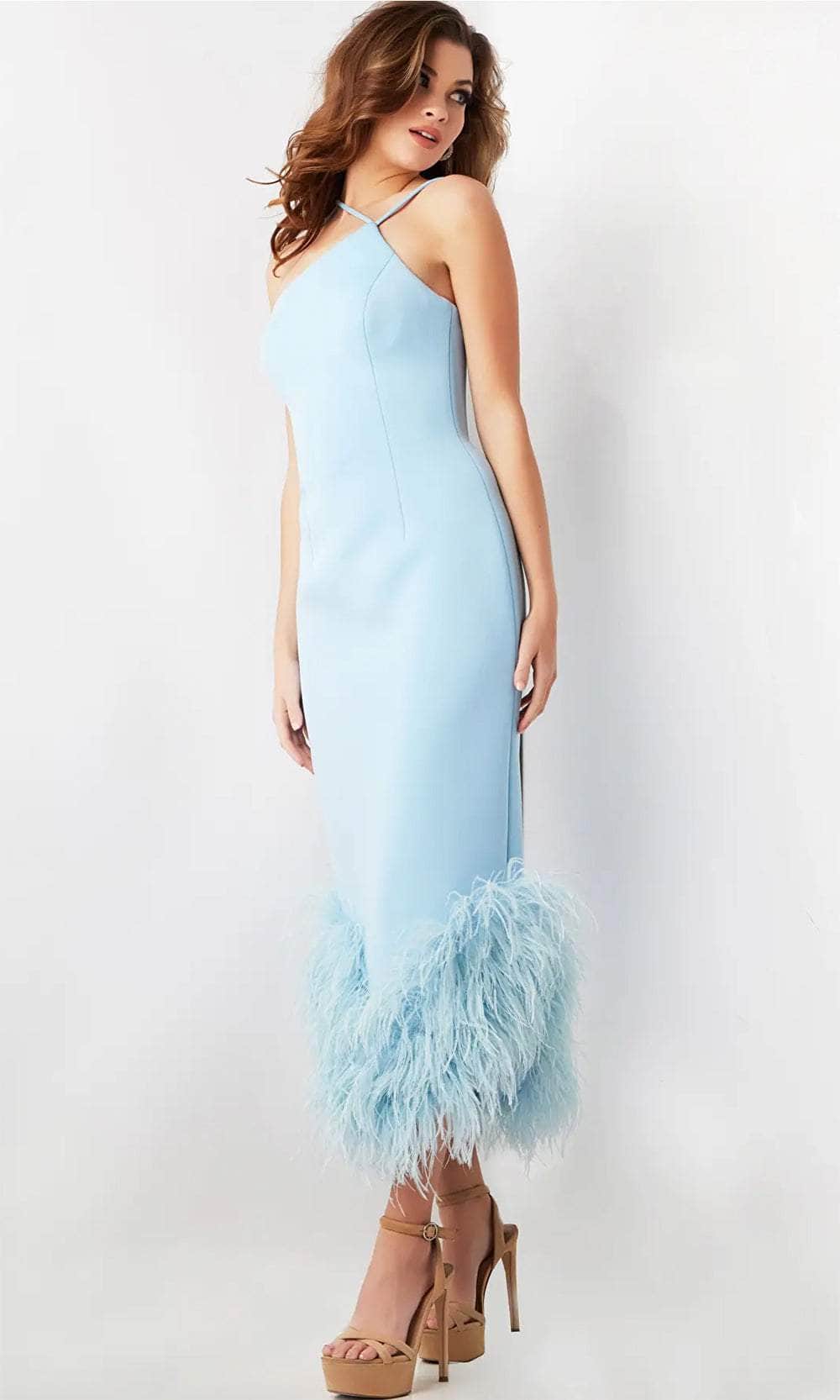 One Shoulder Feather Detail Midi Dress Blue