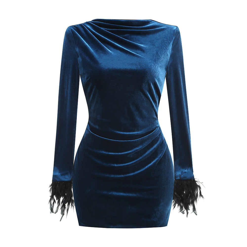 Feather Long Sleeve Velvet Dress Blue