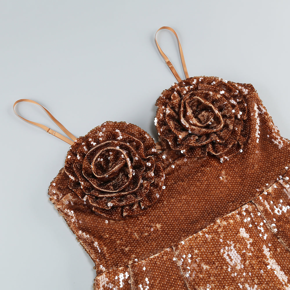 Floral Detail Sequin A Line Corset Dress HV1489