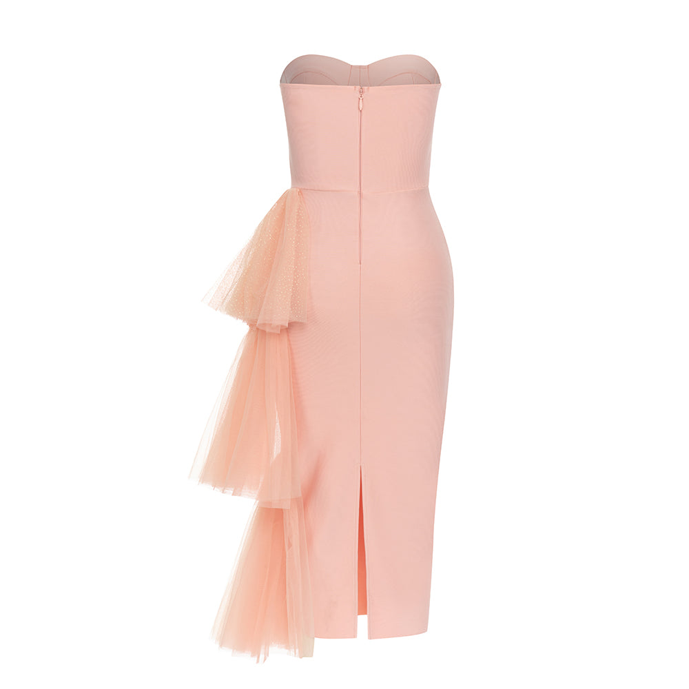 Strapless Bustier Mesh Detail Midi Dress Pink HV9531