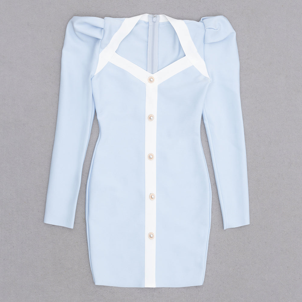 Puff Long Sleeve Dress Blue White HV9759