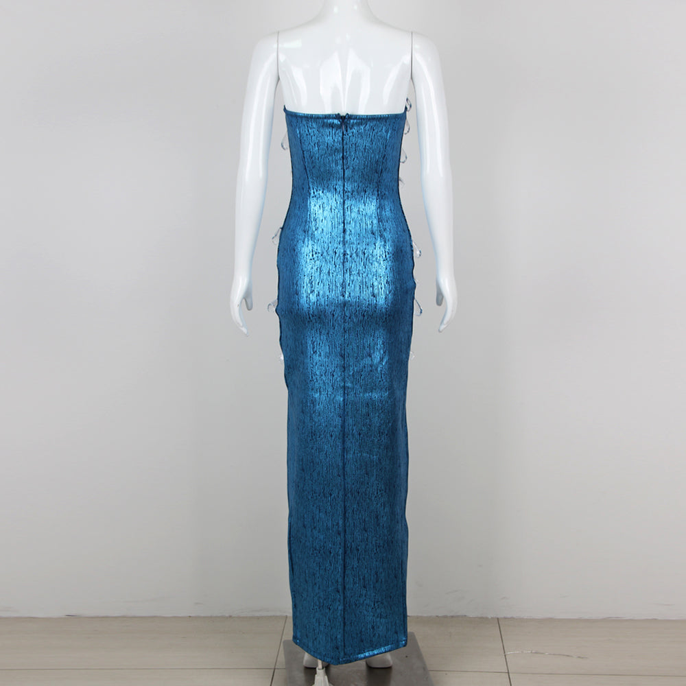 Strapless Crystal Woodgrain Foil Print Maxi Dress HV1294