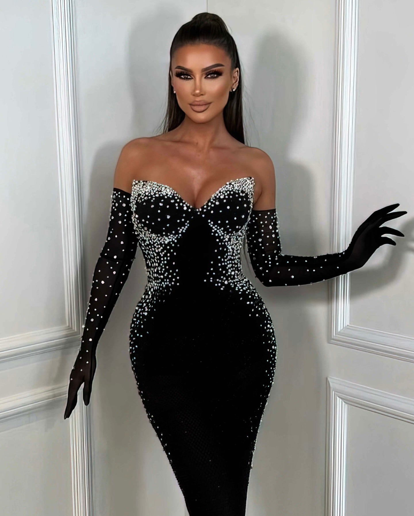 Strapless Crystal Bustier Maxi Velvet Dress Black HV1969