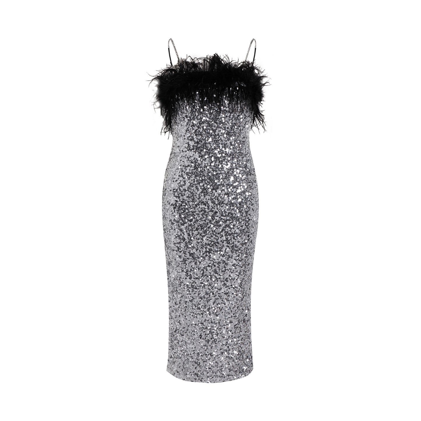 Feather Detail Sequin Midi Dress Pink White