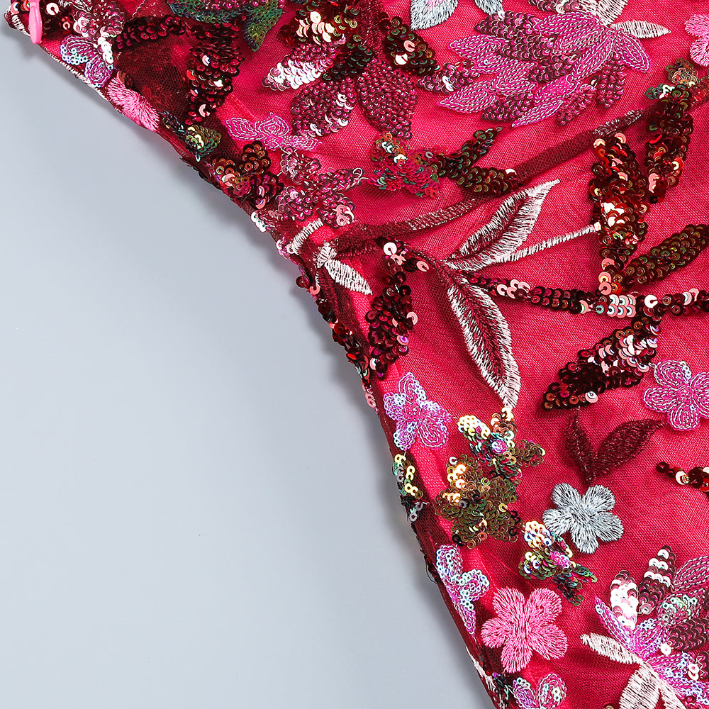 One Sleeve Sequin Embroidered Maxi Dress HV1310