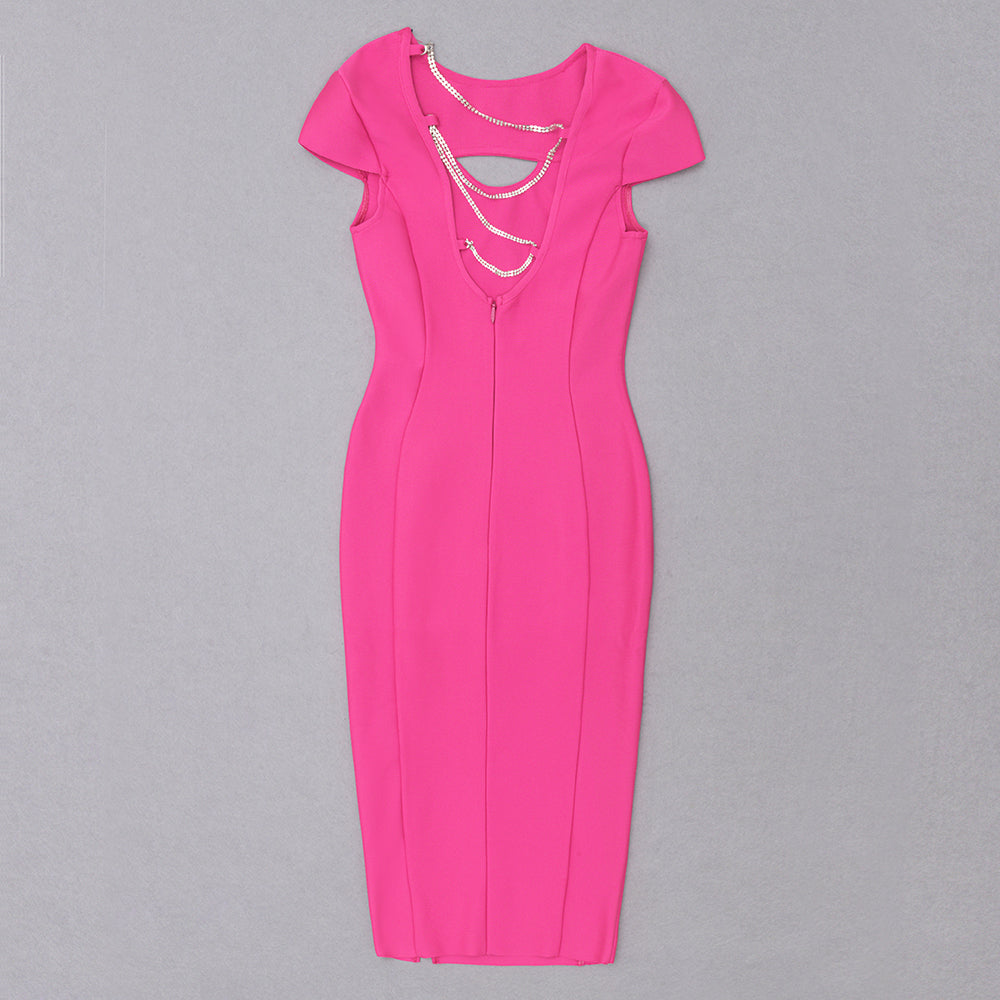 Crystal Backless Midi Dress Hot Pink HV9800
