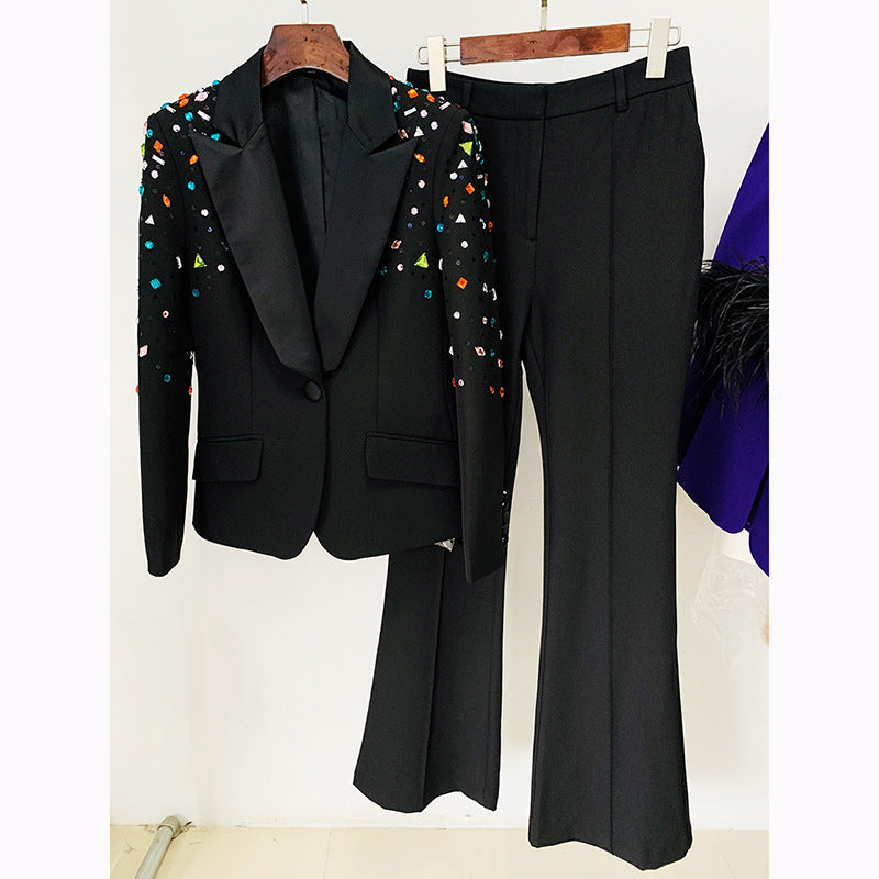 Long Sleeve Crystal Sequin Suit Black