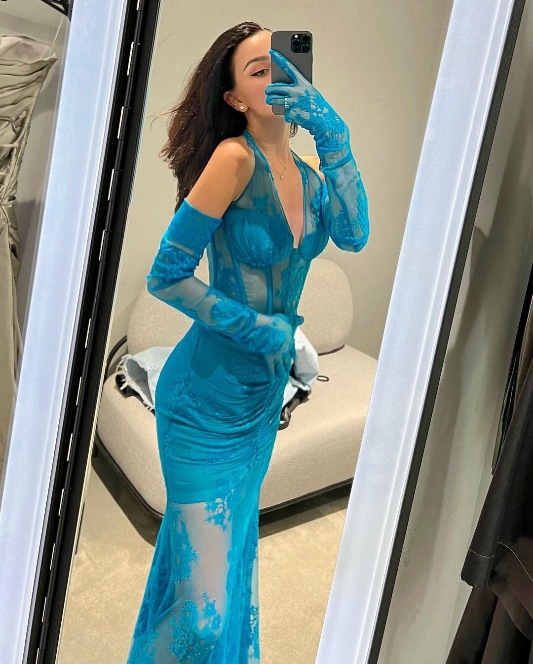 Halter Bustier Lace Mermaid Maxi Dress HV9972