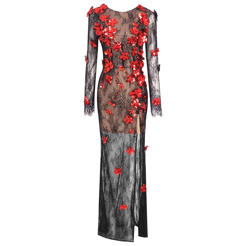 Long Sleeve Floral Detail Lace Maxi Dress Black Red HV1761