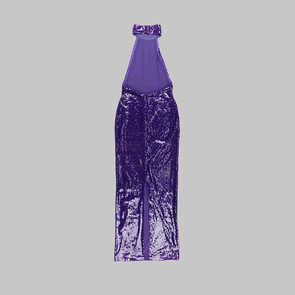 Halter Sequin Backless Maxi Dress Purple HV9572