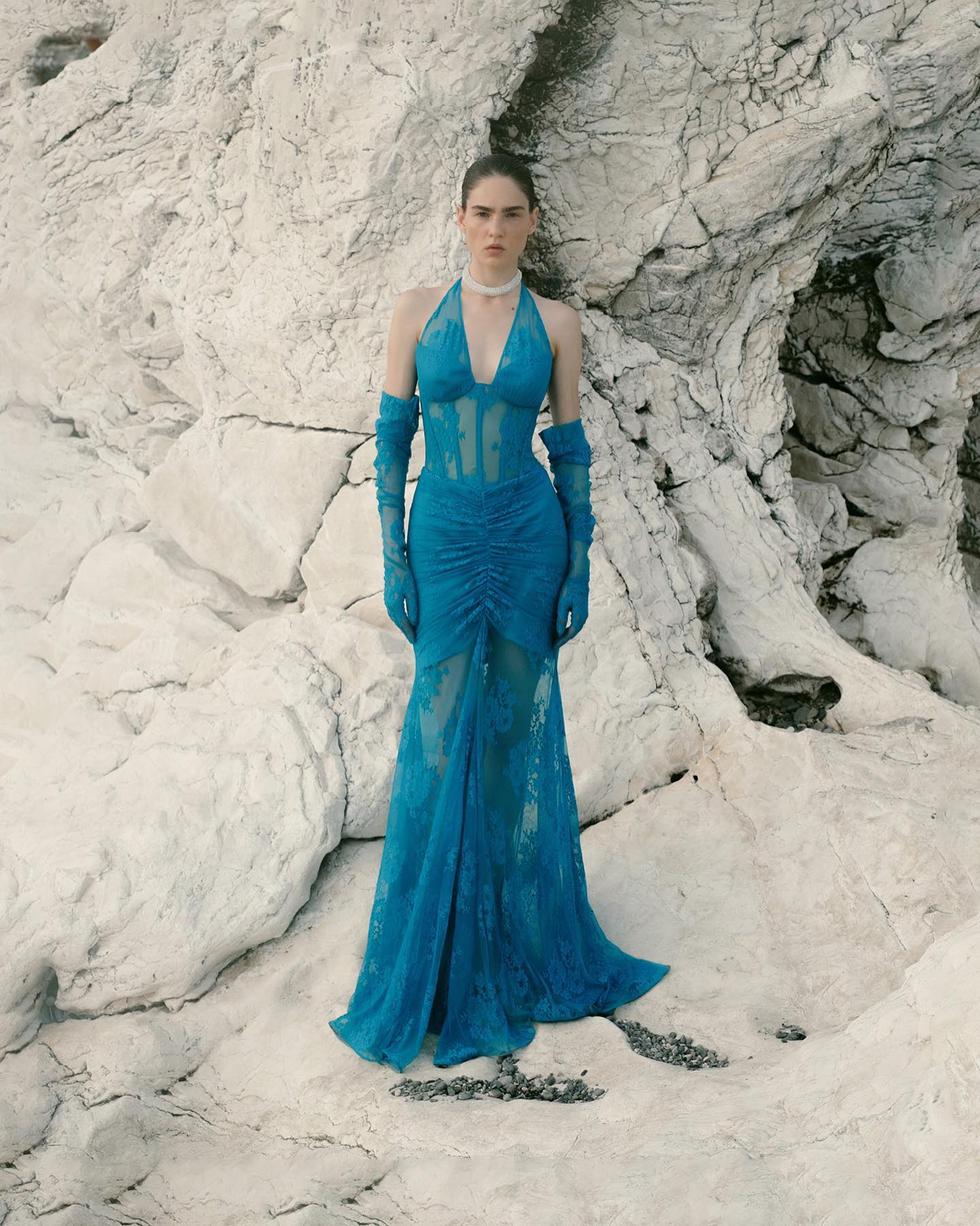 Halter Bustier Lace Mermaid Maxi Dress HV9972