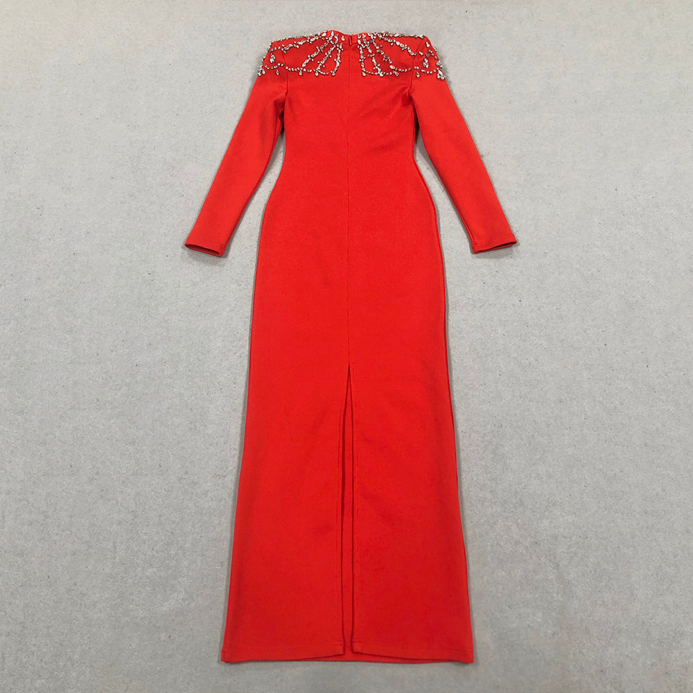 Long Sleeve Crystal Shoulder Maxi Dress Red BB10026