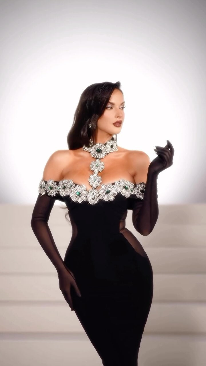 Halter Crystal Bardot Velvet Dress Maxi Black HV1495