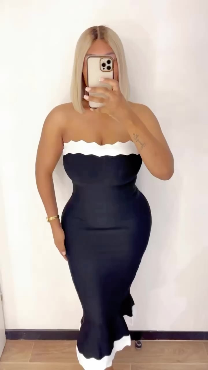 Strapless Scalloped Fluted Midi Dress Black White HV1334