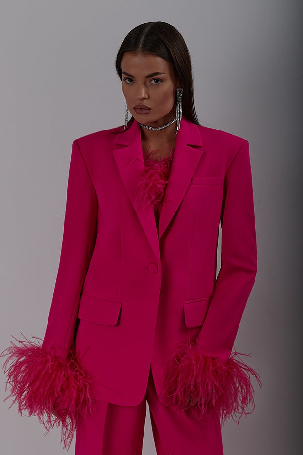 Long Sleeve Feather Detail Suit Hot Pink HV1267