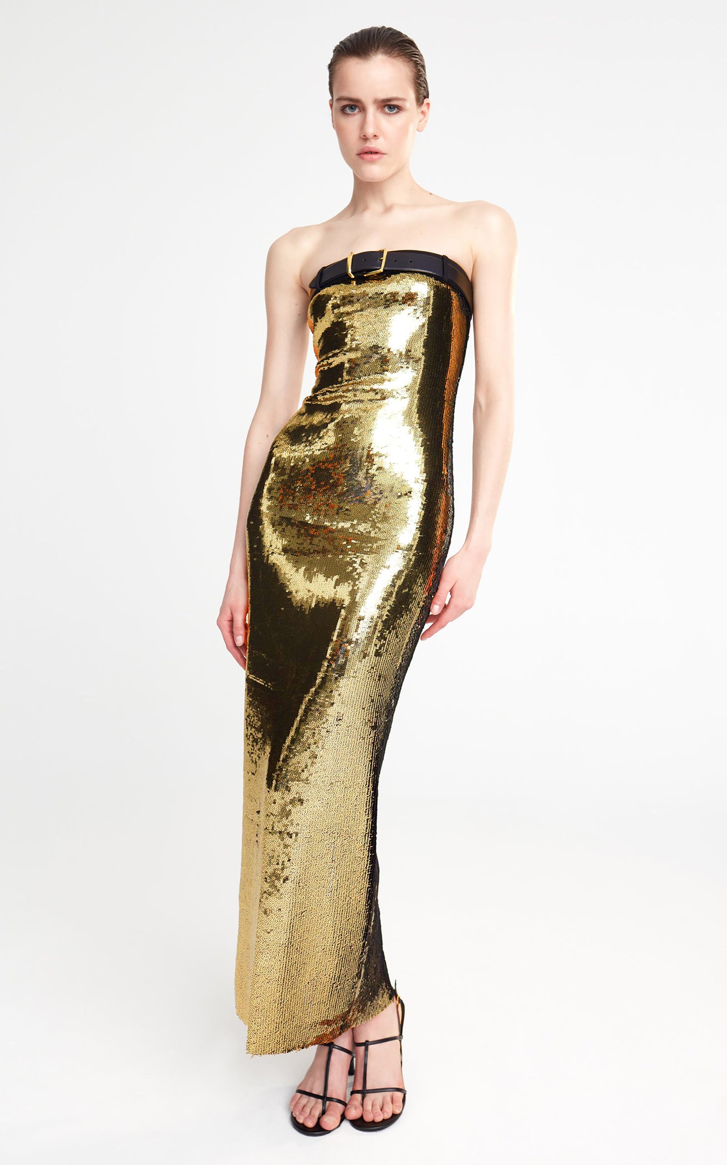 Strapless Belt Detail Sequin Maxi Dress Gold HV9632