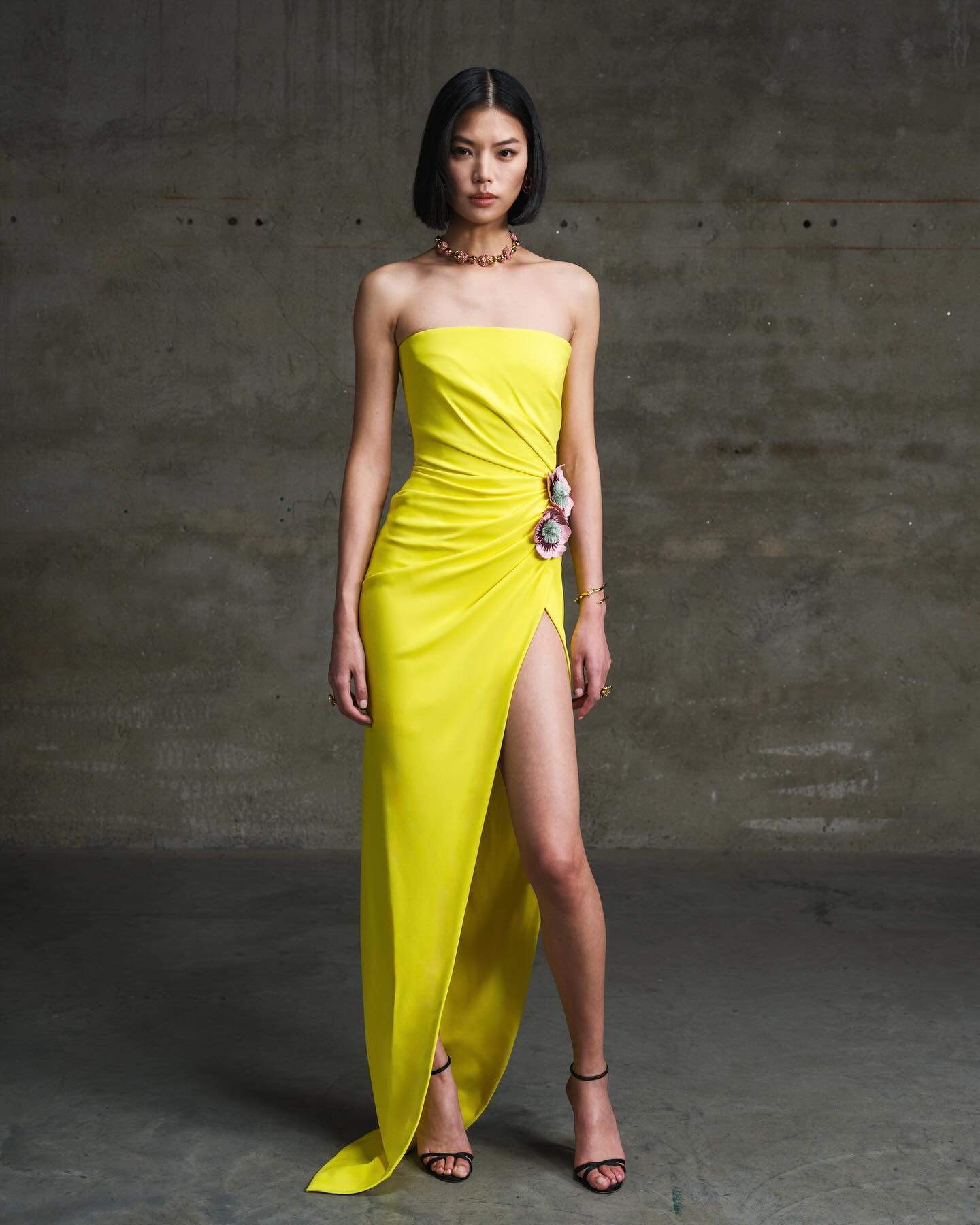 Strapless Floral Detail Maxi Dress Yellow HV1369