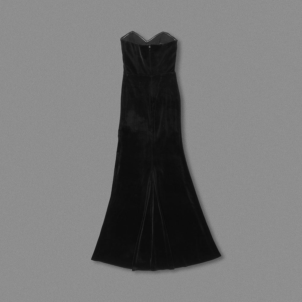 Strapless Crystal Spiral Maxi Velvet Dress Black HV2018