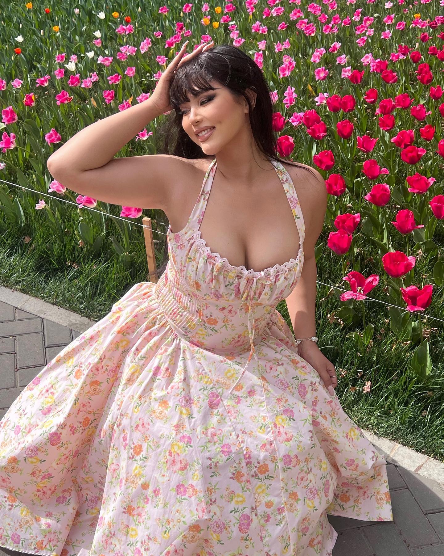 Halter Lace Bustier A Line Midi Dress Floral Pink HV1289