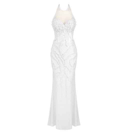 Halter Pearl Detail Sequin Maxi Dress WHITE HV1965