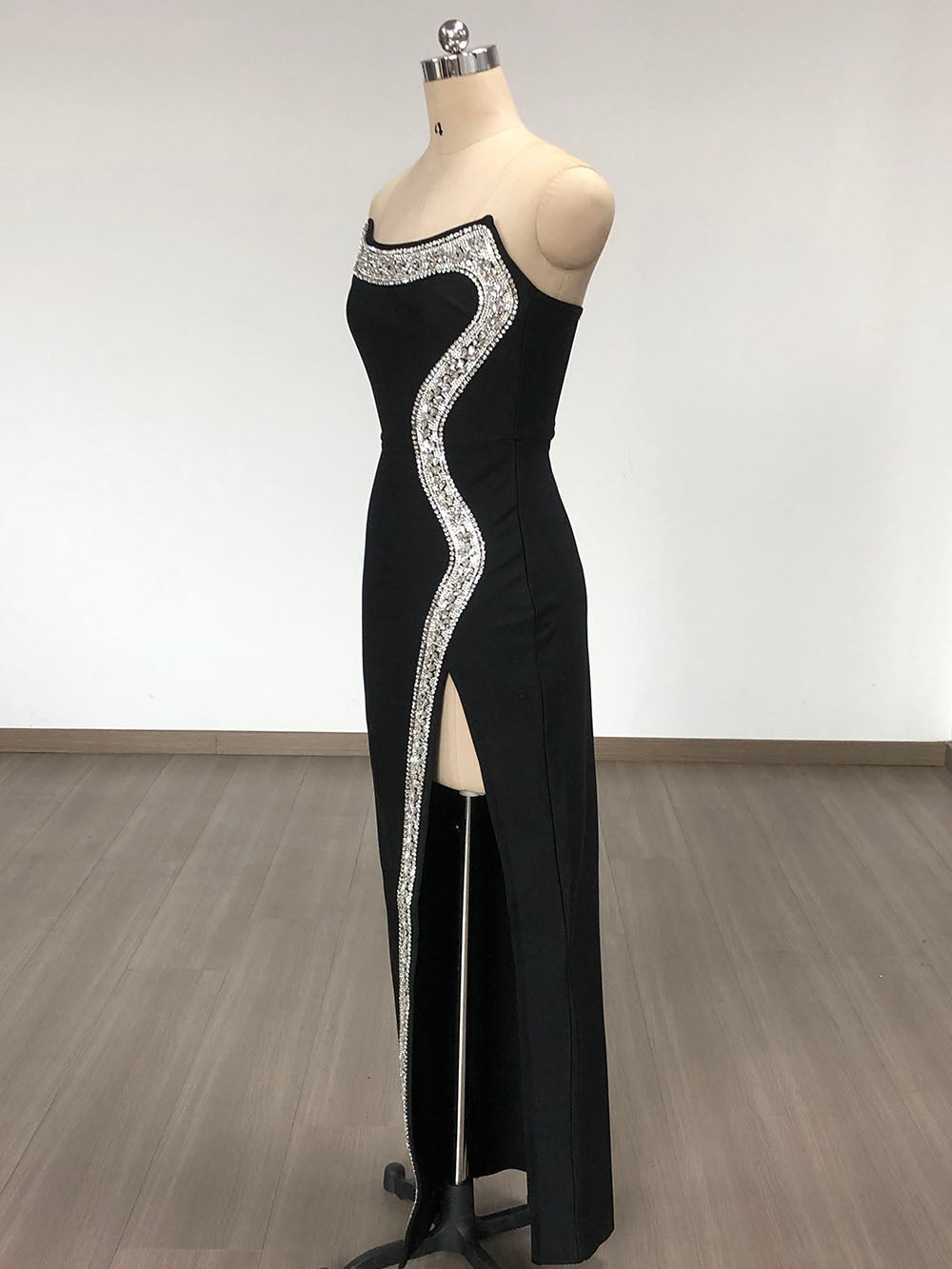 Strapless Design Crystal Detail Maxi Dress Black