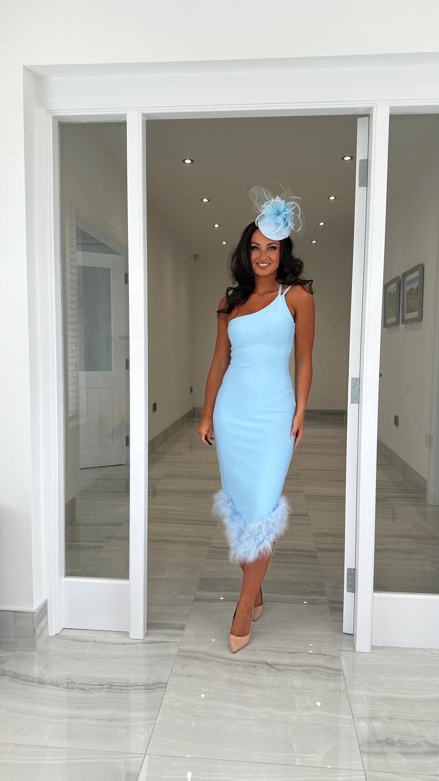 One Shoulder Feather Detail Midi Dress Blue