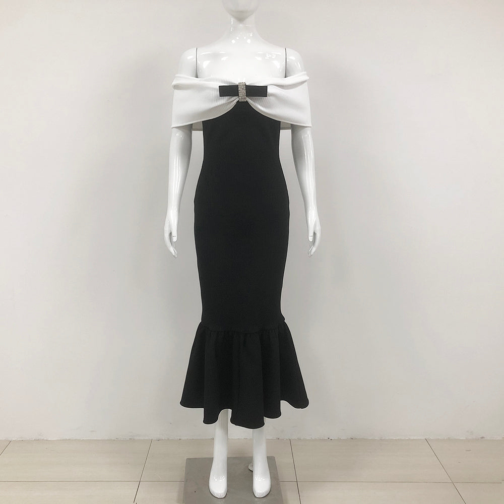 Bardot Ribbed Fluted Midi Dress Black White
