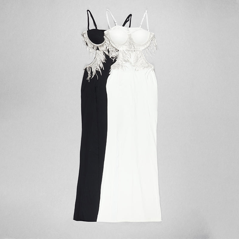 Bustier Rhinestone Tassel Maxi Dress Black HV8372